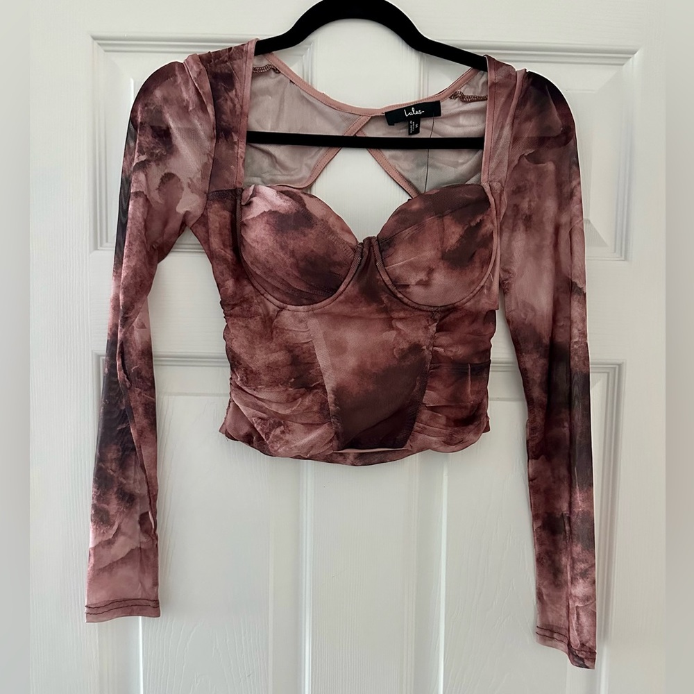 Lulus Coy Cutie Mauve Abstract Mesh Bustier Long Sleeve Crop Top Size S NWT